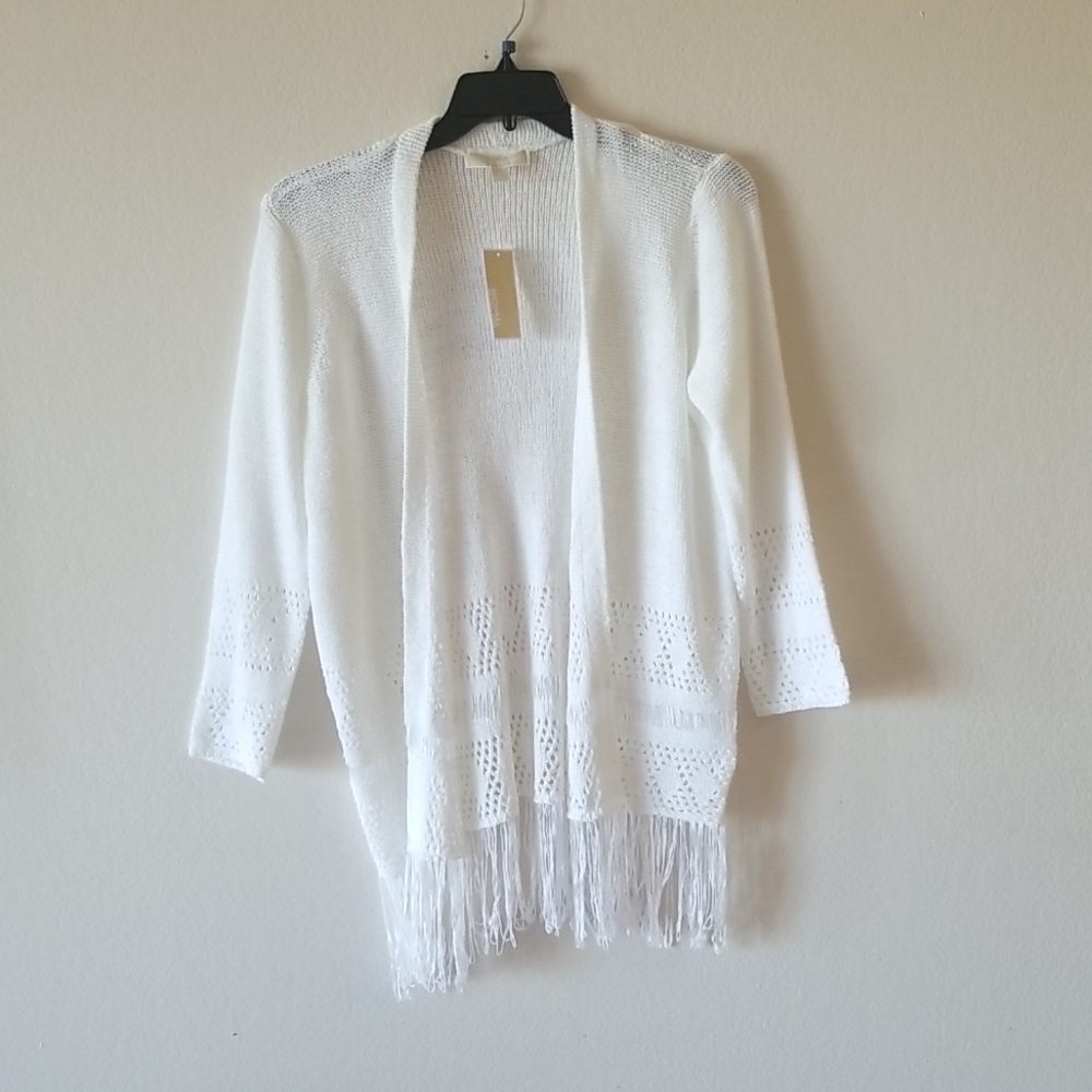 MICHAEL Michael Kors Crochet Fringe Open Front Knit White Sweater Cardigan Size
